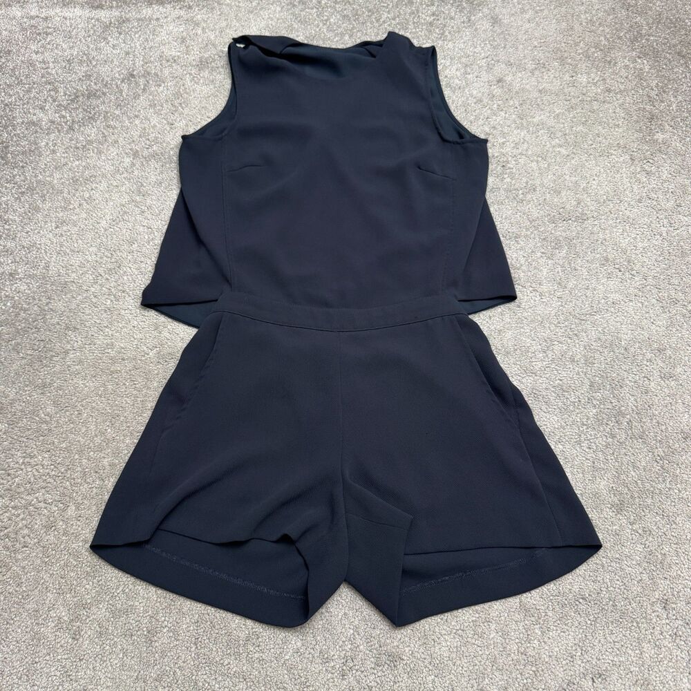 Club Monaco Sleeveless Open Tulip Back Romper Womens 0 Navy Blue Elastic Waist